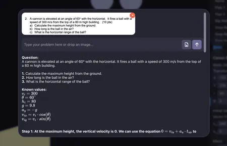 AI physics solver showing step-by-step reasoning
